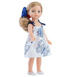 Кукла Paola Reina Mini Amigas - Валерия, с бяла рокля със сини мотиви, 21 cm