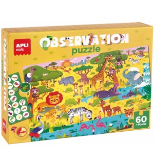 Пъзел-асоциативна игра Apli - Савана, 60 части, с плакат