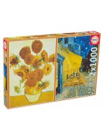 Пъзел Educa от 2 x 1000 - Слънчогледите и Кафе тераса през нощта, Винсент ван Гог