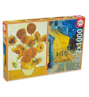 Пъзел Educa от 2 x 1000 - Слънчогледите и Кафе тераса през нощта, Винсент ван Гог