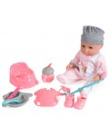 Пишкаща кукла-бебе Moni - Със сива шапка и аксесоари, 36 cm