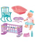 Пишкаща кукла Loko Toys - Le Petit Bebe, с легло, стол за хранене и корито, 30 cm 