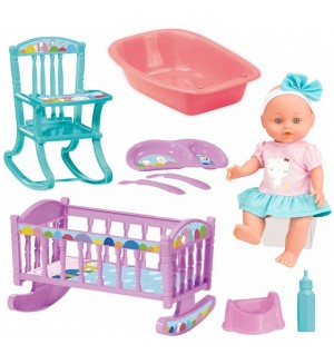 Пишкаща кукла Loko Toys - Le Petit Bebe, с легло, стол за хранене и корито, 30 cm 