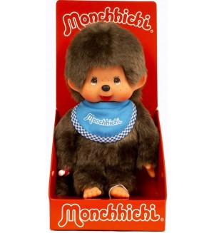 Плюшена играчка Monchhichi - Маймунка момче със син лигавник, 20cm