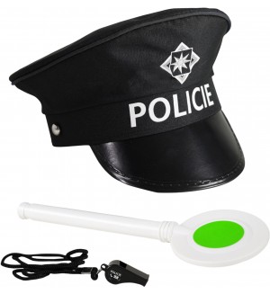 Театрален комплект Rappa - Полицай, с черна шапка, палка и свирка