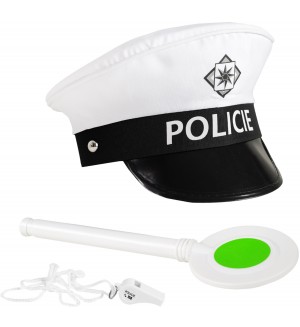 Театрален комплект Rappa - Полицай, с шапка, палка и свирка, бял