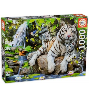 Пъзел Educa от 1000 части - Бял бенгалски тигър с малките си